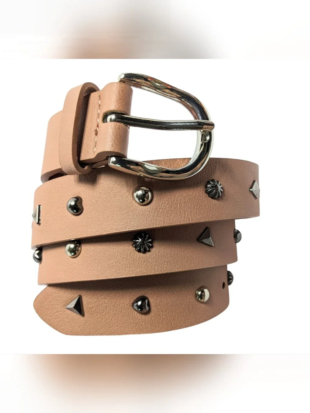 Studded Vegan Leather Belt, Dusty Rose W/ Mixed Metal Variety Studs, 30